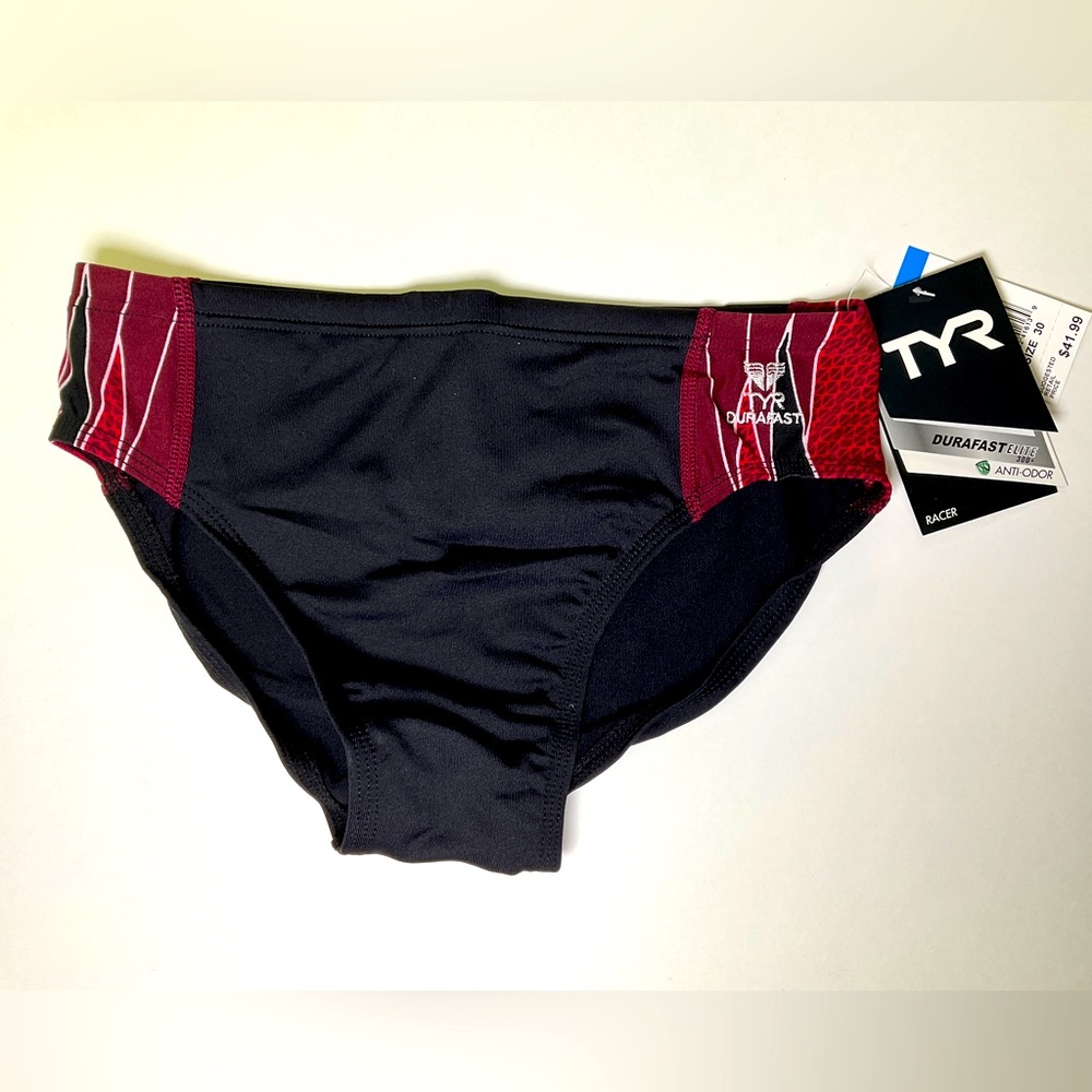 NWT Men’s TYR Durafast Phoenix Special Racer‎ Swim Briefs Black Burgundy Size 30